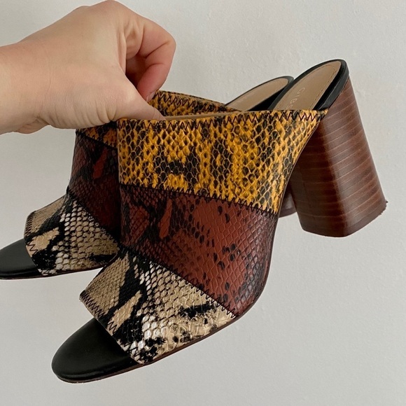Gibson Latimer Brown Leather Peep Toe Snake Mules - Picture 3 of 8